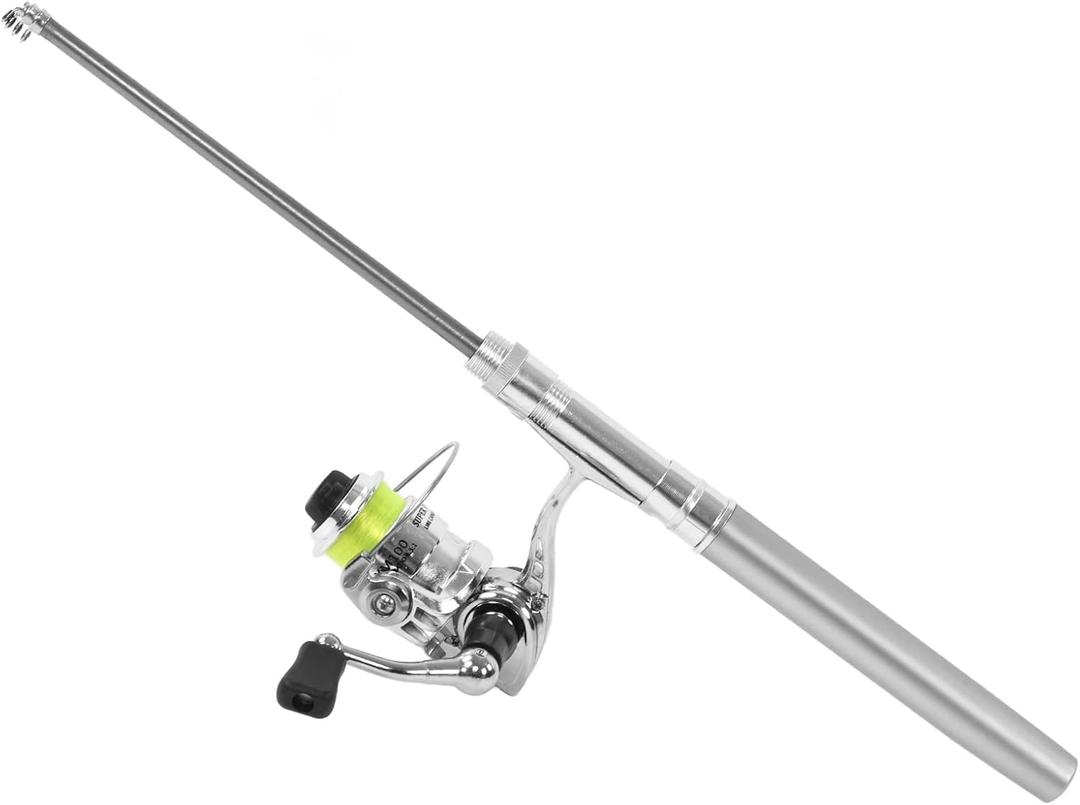 Pocket Fishing Rod and Reel Combo - Mini Pen Pole, Retractable Ultra Light for Sea, Rock, and River Fishing (Silver)