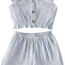 Girls Summer Outfits Flutter Sleeve Shirt Ruffle Hem Pleated Crop Top with Botton and Solid Shorts Sets Blue 11-12 Years (Blue, L)