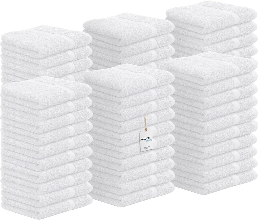 Avalon Towels Cotton Washcloths  (Pack of 60) Size 12x12 Inches, 100% Ring Spun Cotton, Soft & Absorbent Face Towels, Gym Towels, Hotel and Spa Quality, Reusable Fingertip Towels (White)