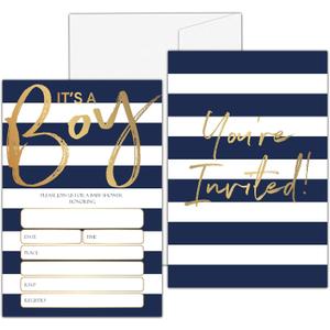 Baby Shower Invitations for Boys, Modern Minimalist Baby Shower Invites for Boy, Navy and Gold Baby Boy Shower Invitation (4"" X 6""), 25 Baby Sprinkle Invitation Cards -YQK09