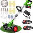 Electric Weed Wacker Cordless with Wheels, 2pcs Batteries&4 Types Blades,Lightweight, Low Noise Weed Trimmer 21V stringless Weed Wacker, Grass Trimmer/Brush Cutter/Edger, for Thick Weeds&Yard Garden