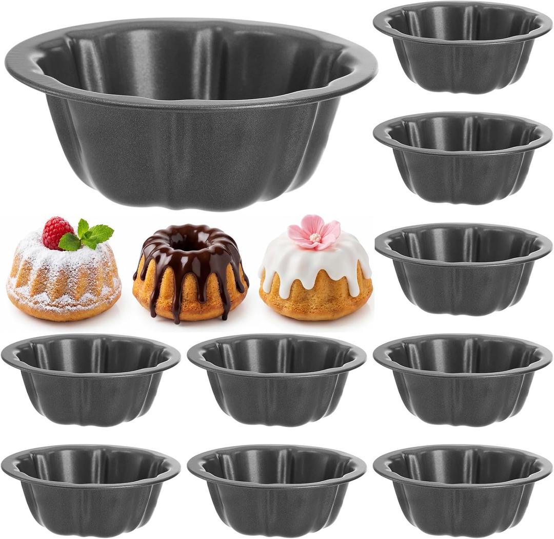 ZENFUN 10 Pcs Mini Flan Molds Pan, 4 Inches Fluted Cake Pan Nonstick, Carbon Steel Mini Flan Molds Pans, Cake Pans Reusable Tube Oven Baking Mold for Cupcake, Bread, Bavarois, Brownie