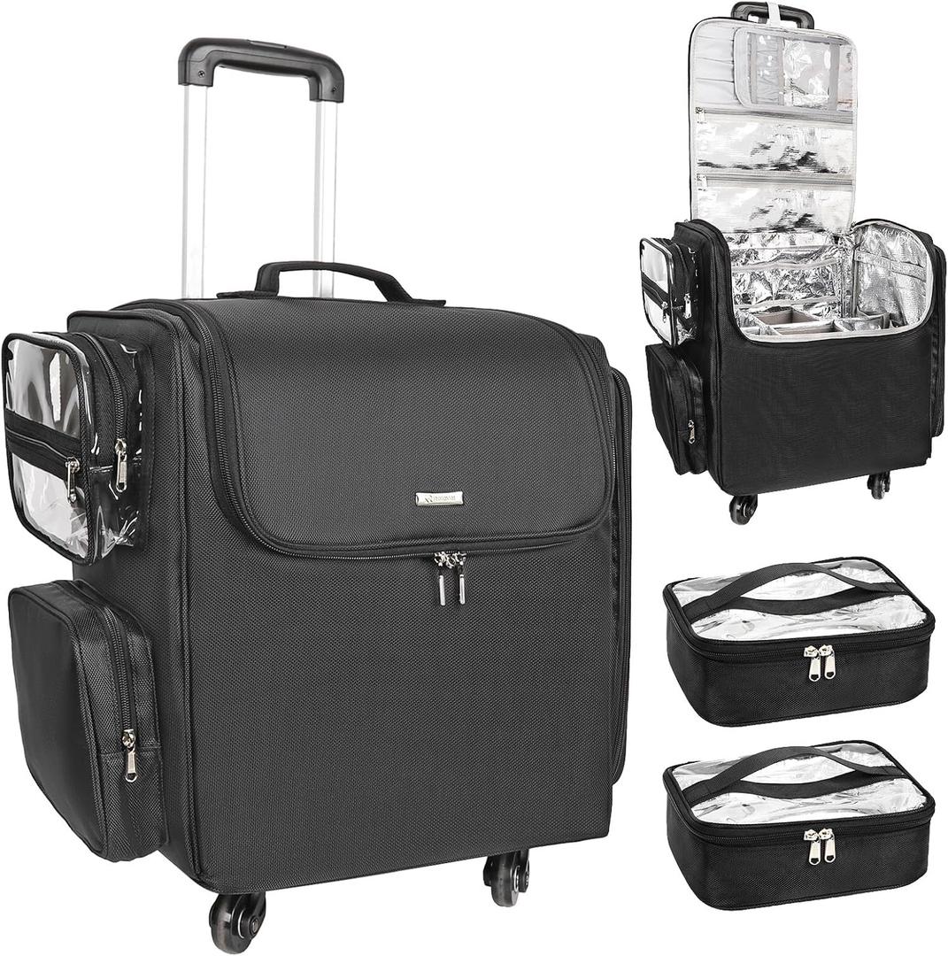 Relavel Rolling Makeup Train Case, Hairstylist Traveling Bag with 4 Wheels, Heat Insulation Full Layer, Adjustable Dividers, Hair Tools and Cosmetics Storage Organizer Trolley Suitcase Makeup Cart (Extra Large, Black)
