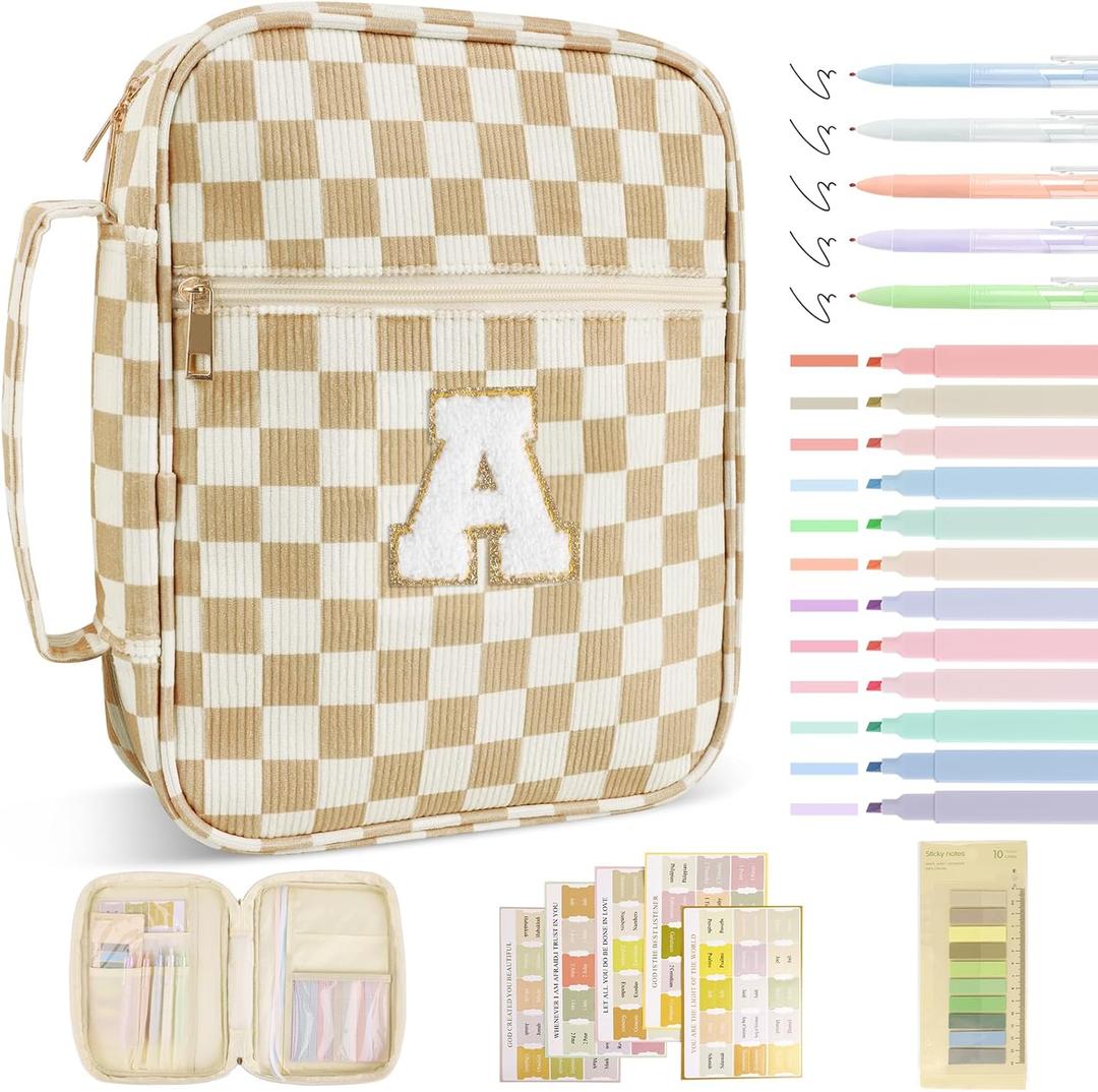 Personalized Initial Bible Cover Case for Women Girls Kid - Large Corduroy Bible Case with Handle, Stylish Chenille Letter Bag Study Supplies, Perfect Christmas Gifts for Christians Women (Khaki-A)