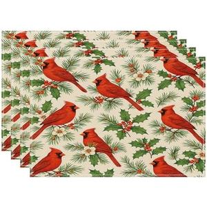 Red Birds Placemats Set of 4, Xmas Pine Tree Forest 12 X 18 Inch Washable Table Mats Seasonal Heat Resistant Kitchen Dining Party Decoration Place Mats
