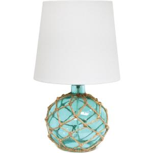 Elegant Designs LT1050-AQU Buoy Rope Nautical Netted Coastal Ocean Sea Glass Table Lamp with White Fabric Shade, Aqua