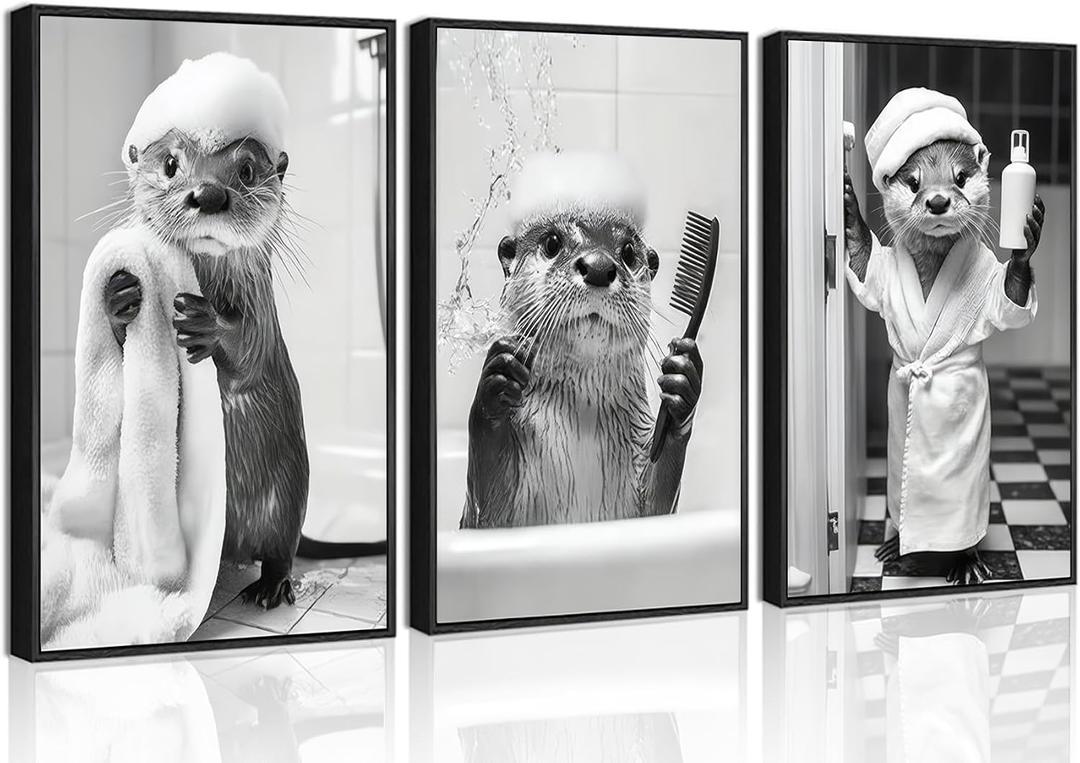 3Pcs Cute Otter Bathroom Wall Art Funny Black And White Animal Canvas Poster Prints Fashion Bathroom Painting for Home and Office Restroom Home Decorations Unframed