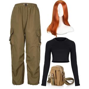 4 Pcs Halloween Cosplay Costume Party Wig Long Straight Orange Long Sleeve Crop Top Cargo Pants Waist Bag (Medium)