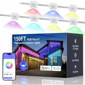 Fussion Permanent Outdoor Lights for House 150ft, IP68 Waterproof Outside Lights with 4 Control Methods, Smart RGB Plus IC Eaves Lighting for Christmas All Holiday Decorations