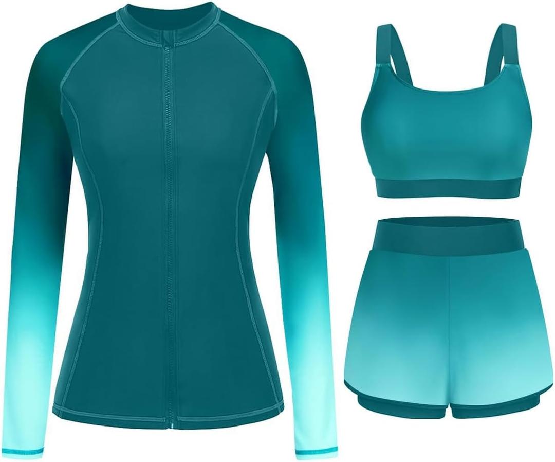 3 Piece Rash Guard for Women - Long Sleeve Swimsuits with Shorts SPF Zip up Swim Shirt with Built in Bra, Large