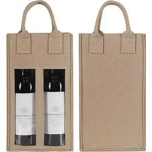 Shintop Double Wine Bag with Window, Felt Bottle Gift Bag with Handle Reusable Wine Tote Carrier for Party Favors Travel, Camping(1pc, beige)