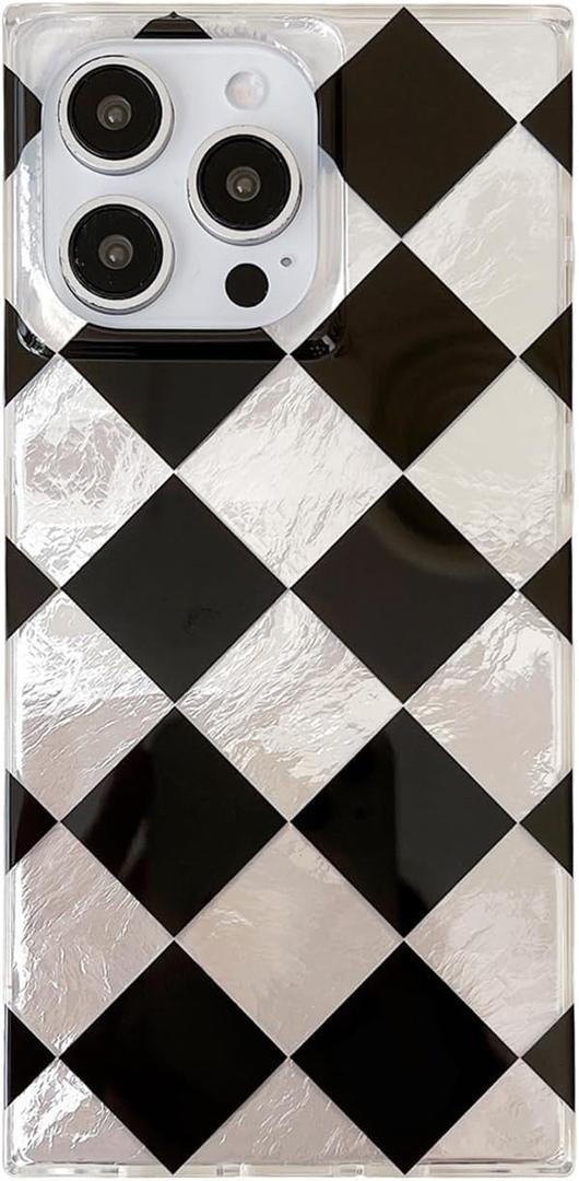 Rectangle Glitter Black White Checkered Phone Case for iPhone 15(NOT Pro),Classy Aesthetic Chic Diamond Checkerboard Pattern Bling Protective Trendy Cover for iPhone 16 6.1inch