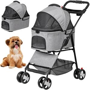 4 Wheels Foldable Pet Dog Cat Jogger Stroller Travel Carrier Strolling Cart w/Waterproof Cover Storage Basket Cup Holder & Detachable Carrier for Medium Small Cat Dog, Grey