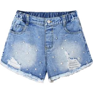 Girl's Pearl Denim Shorts Y2k Ripped Distressed Summer Jeans Shorts with Pocket
