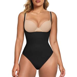 SHAPERX Open Bust Shapewear Tummy Control Bodysuits for Women Seamless Compression High Waisted Body Shaper (Black(thong)), Size L/XL