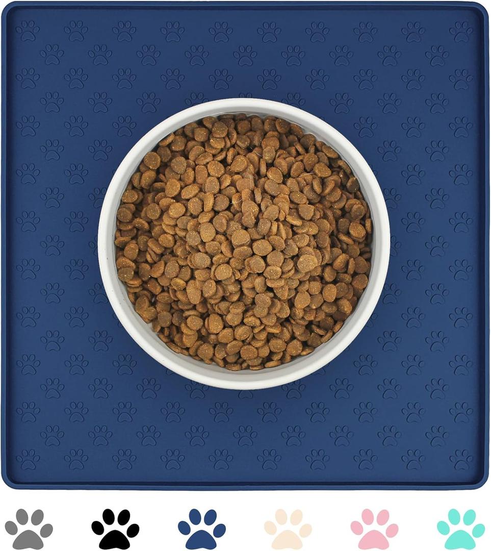 Ptlom Pet Placemat for Dog and Cat, Waterproof Non-Slip Silicone Feeding Bowl Mat Prevent Food and Water Overflow, Puppy Dish Feeder Fountain Trays Suitable for Medium and Small Pets, Navy Blue (11.8"L x 11.8"W)