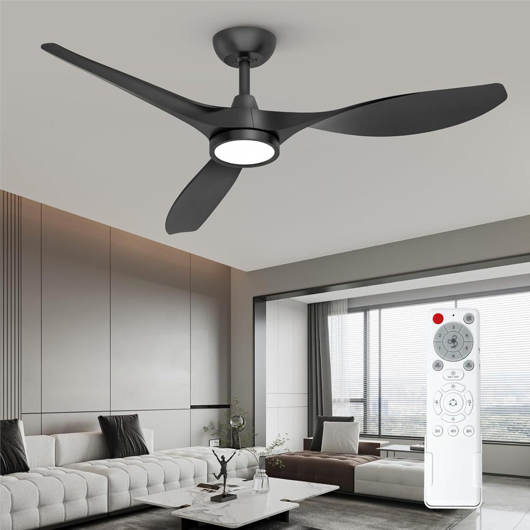 Roomratv Ceiling Fans with Lights and Remote Control,Quiet Noiseless Reversible DC Motor,6 Speeds,Timers, 3 CCT, Indoor Use, Plastic Blades,52 Inch Black Modern Ceiling Fan for Bedroom Living Room