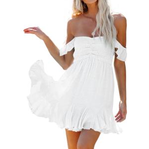 Women's Off Shoulder Mini Dress Sweetheart Neck Smocked Ruffle Flowy Swing Short White Sundress 2024