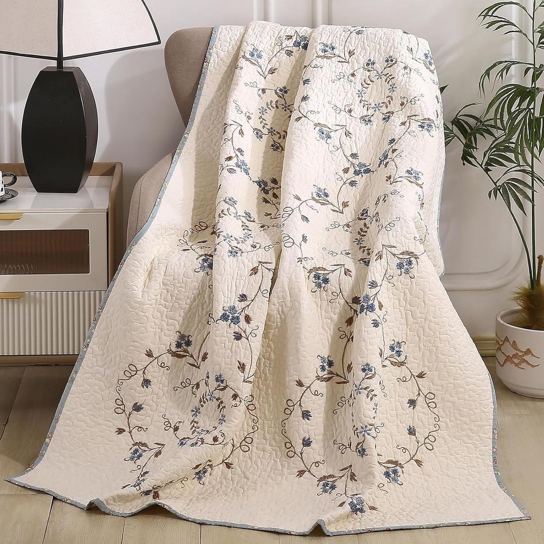 vctops 100% Cotton Quilted Throw Blanket 50x60 Inch Floral Embroidered Reversible Patchwork All Season Throw (Blue,50"x60")