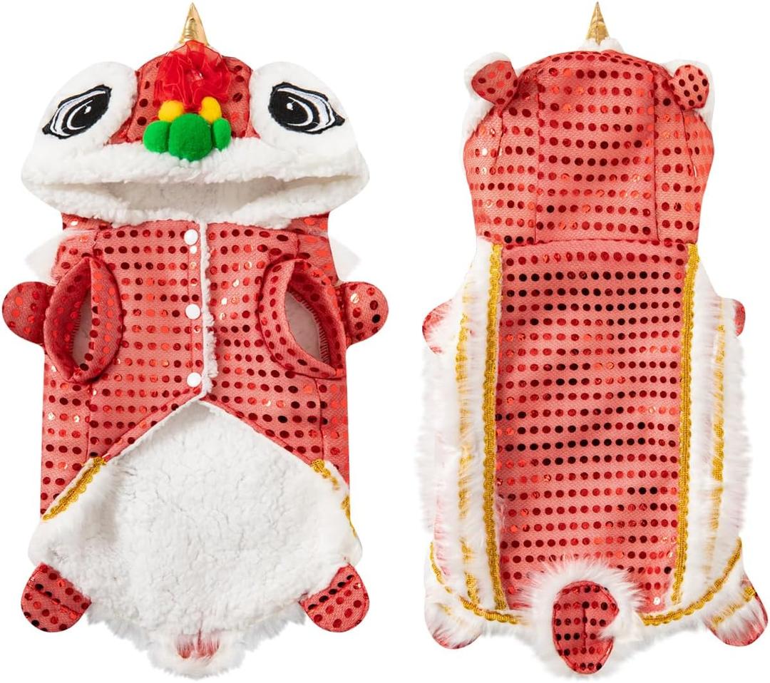 Chinese Dance Lion Dog Costume Chinese New Year Hoodies Spring Festival Winter Dog Warm Clothes Pet Coat Dress Up, Red, Large