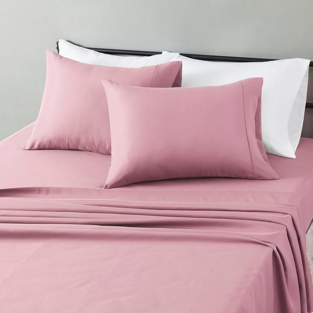 Amazon Basics Lightweight Microfiber 4-Piece Bed Sheet Set, Rose, Solid, Full