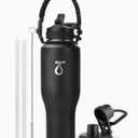 Trebo 40 oz Insulated Water Bottle that Fits in Car Cup Holder, Triple Wall Stainless Steel Water Bottles Insulated, LeakProof,Keep 48 hrs Cold & 24 hrs Hot, Metal Tumbler with Paracord Handle, Straw (Black)