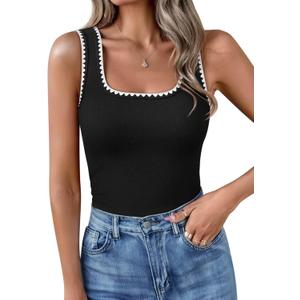 Yousify Womens Square Neck Tank Tops 2025 Summer Sleeveless Shirts Casual Slim Fitted Color Block Ribbed Tanks (Small, 01 Black)