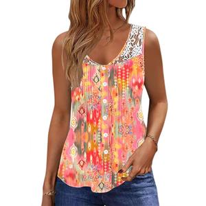 Womens Tank Tops Dressy Casual Summer Lace Sleeveless V Neck Tee Shirts Pleated Front Buttons Blouses, Medium