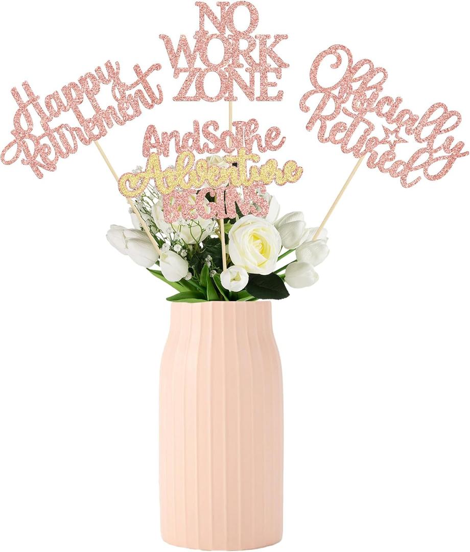 Gyufise 12Pcs Happy Retirement Centerpiece Sticks Officially Retired Table Flower Centerpieces Sticks No Work Zone Floral Decorations for Farewell Birthday Party Centerpieces Supplies Rose Gold
