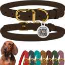 BronzeDog Rolled Leather Dog Collar with QR ID Tag, Adjustable Soft Round Collars for  Dogs Puppy (11" - 14 1/2" Neck Size, Brown)