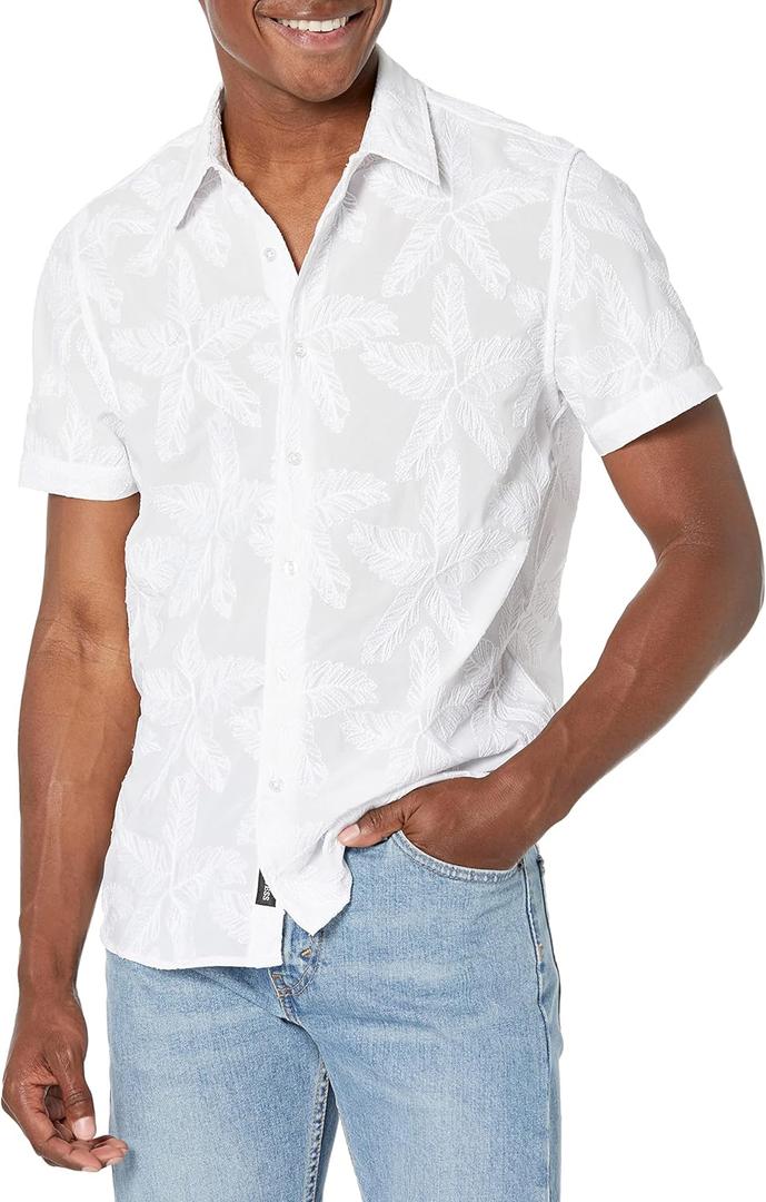GUESS Men's Short Sleeve Floral Embrded Twill Shirt (Large, Pure White)