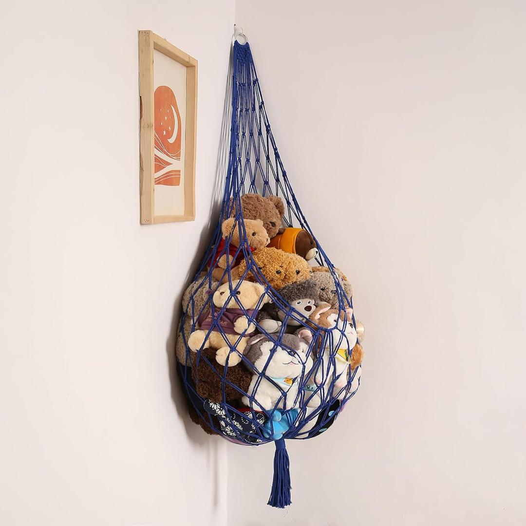 Amdermi Novel Stuffed Animal Hammock Corner Hanging Net for Stuff Animal Storage Macrame Toy Display Plush Toy Holder-Perfect for The Tiny Space Walls (blue, XXL)