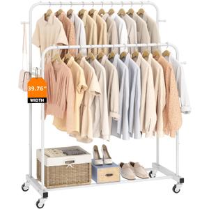 Laiensia Double Rods Garment Rack with Wheels, Clothing Rack for Hanging Clothes,4 Hooks, Multi-functional Bedroom Clothes Rack, White