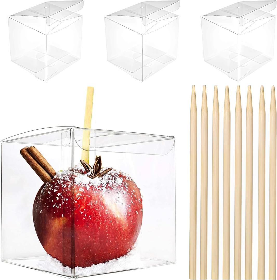 20 Pack 4''x 4'' x 4'' Clear Candy Apple Boxes with Hole and Sticks Set Food Grade Plastic Clear Caramel Apple Containers Chocolate Covered Apples Packaging Party Favor Gift Goxes