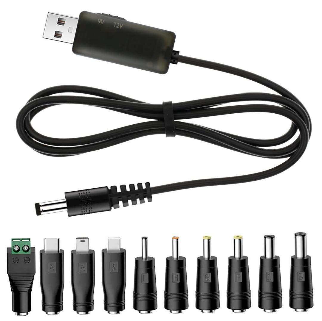 USB to DC 9V 12V Charging Cable, Universal Power Cord for Toys,Watches,Speaker,Camera,Monitor,Table Lamp,Phones,LED Light Strip, Router, DC 5.5 x 2.1mm with 10 Connector 3.3FT