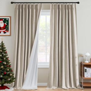 H.VERSAILTEX Pinch Pleated Full Blackout Curtains Linen Blended Chenille Blackout Curtains 96 inch Long 2 Panels Bedroom Thermal Insulated Farmhouse Neutral Track Drapes with Hooks, Heather Natural