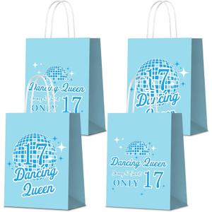 KERINGO 16 PCS Dancing Queen 17th Birthday Party Supplies Young and Sweet Only 17 Gift Bags Blue Queen Disco Music Goody Snacks Treat Candy Party Favors Bags for Girls 17th Birthday Party Decorations