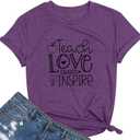 Teacher Woman T-Shirt Teach be Kind Teacher Summer Autumn Flowers Casual Short Sleeve T-Shirt (Purple, S)