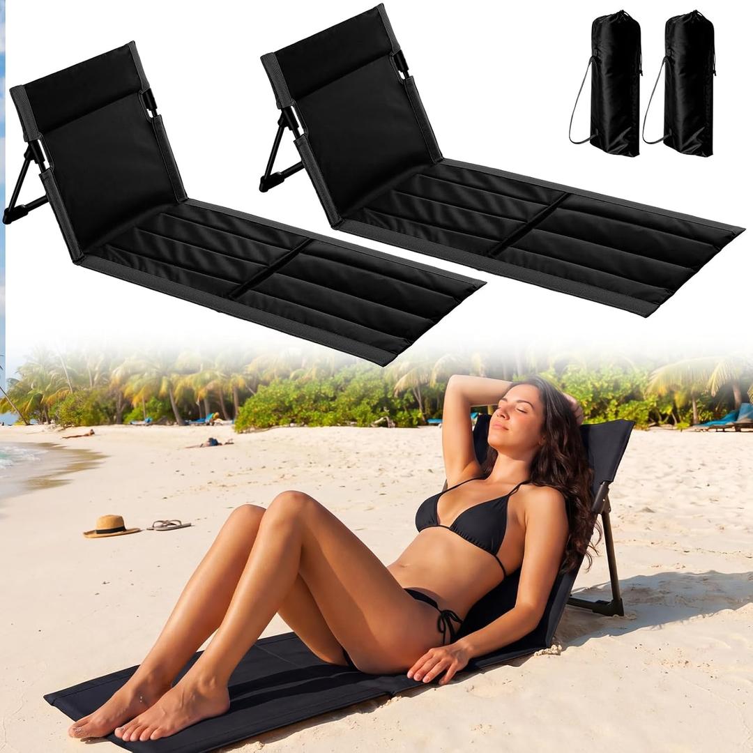 Vicenpal Foldable Beach Lounge Chairs Mats,Black,2 Pack | Low Beach Chair, Portable Lounger, Back Support, Carry Bags, Poolside, Sunbathing, Tanning, Camping, Picnic, Lawn, Backyard