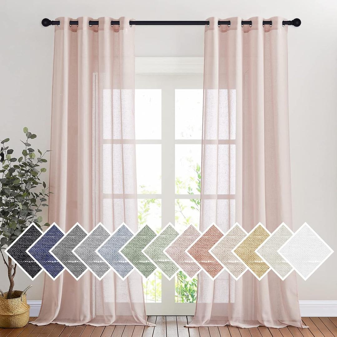 NICETOWN Linen Textured Semi Sheer Bedroom Curtains, Grommet Top Flew to Floor Thick Semitransparent Window Treatment Privacy Light Reducing for Nursery, W52 x L96, Dusty Blush, 2 Panels