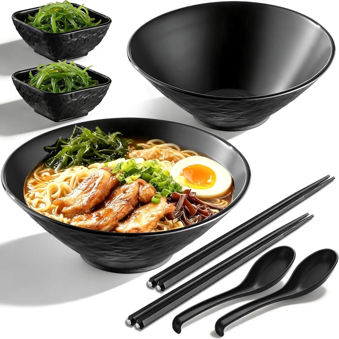 Berglander Ramen Bowl Set 40 oz of 2 with Dipping Bowls, Chopsticks Spoons, Unbreakable Japanese Style Plastic Noodle Soup Bowls for Asian Pho Soup Thai Miso Udon Wonton