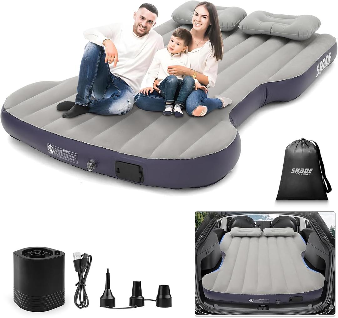Self-Inflating Car Air Mattress Custom for Tesla Model Y 2025 2024-2020 Outdoor Camping Air Bed with 2 Pillows Built-in Pump Air Couch Mat Flocking Surface Air Cushion Model Y Accessories(Beige&Blue)
