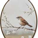 JQF Bird Oval Wall Decor, Farmhouse Rustic Sparrow Floral Oval Canvas Wall Art, Cottagecore Bird on Floral Branch Framed Prints Hanging Decor for Home Bedroom Living Room, 8.5x11.5 Inch