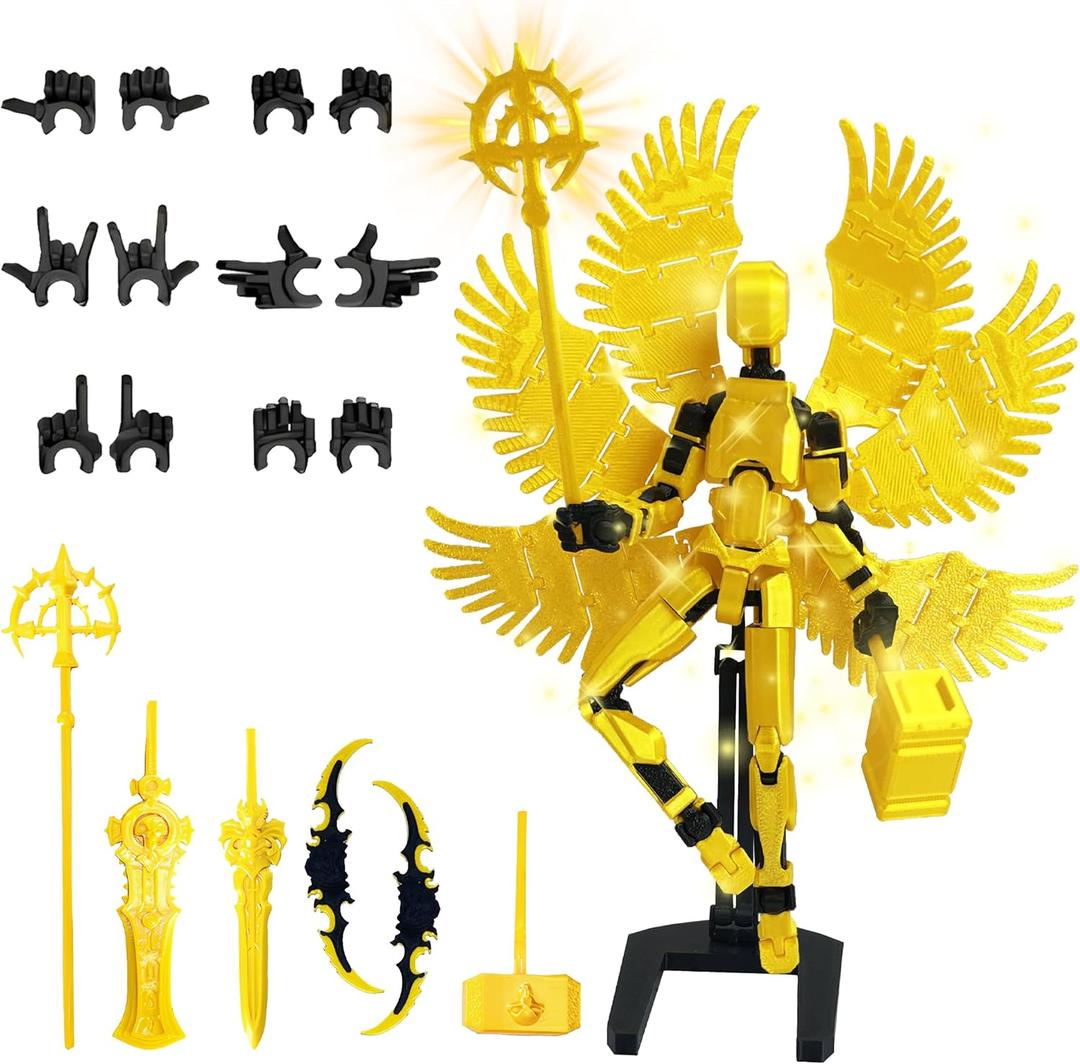 T13 Angel Action Figure Gold, Titan 13 Robot Action Figure Set, Alreday Assembled Dummy 13, Lucky 13 Action Figure with Big Wings, 3D Printed Robot 13 Action Figure, Gift for Collector Kids Teens (Yellow)