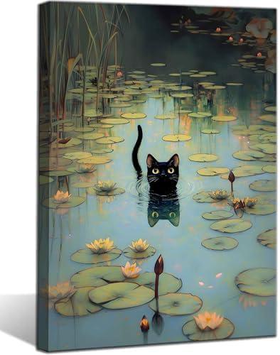 Water Lily Black Cat Canvas Wall Art Funny Lotus Black Cat Decor Pictures Retro Classic Impressionist Nature Paintings Posters Print for Home Decoration Bathroom Bedroom Living Room Decoration
(10"L x 8"W)