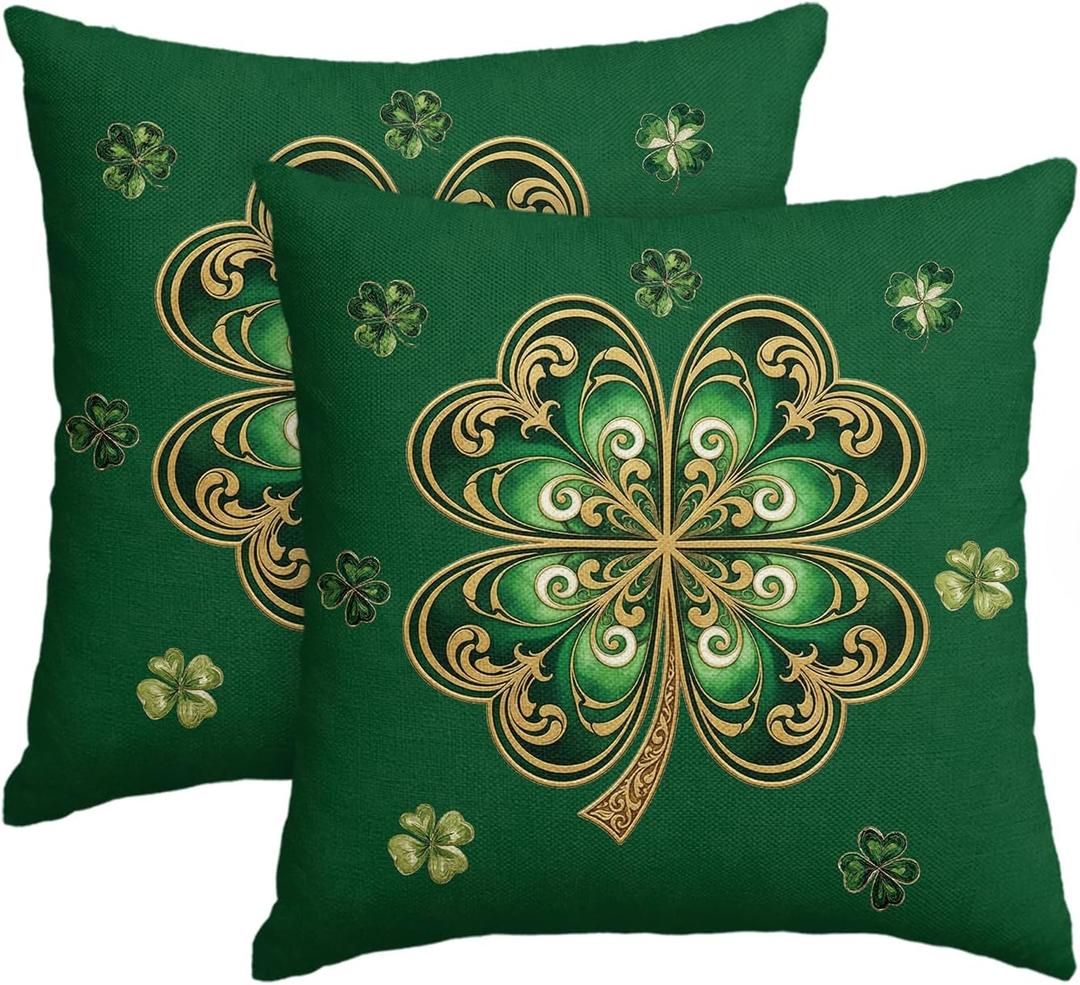 AVOIN colorlife St Patricks Day Gold-Embellished Clover Throw Pillow Covers, 18 x 18 Inch Retro Style Shamrock Cushion Case Decoration for Sofa Couch Set of 2