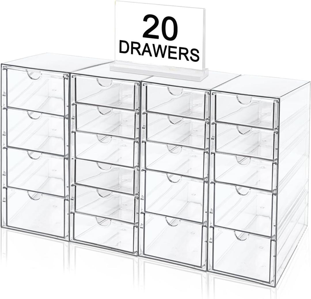 Acrylic Makeup Organizer with 20 Drawers, 4 Set Clear Storage Drawers, Acrylic Drawer Organizer and Storage for Desktop Office Supplies Make Up Pen Hair Accessories