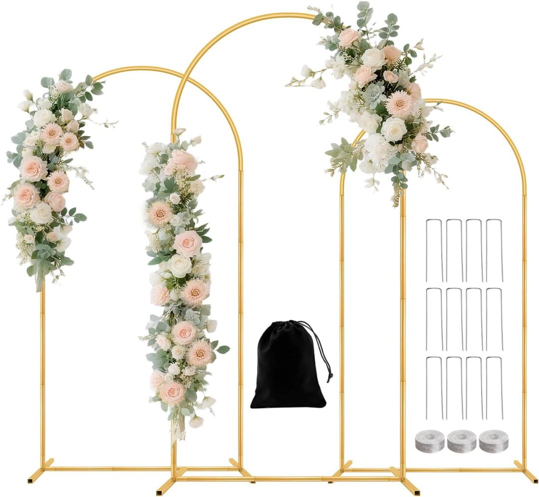 Metal Arch Backdrop Stand Set of 3(6 ft, 5 ft, 4 ft) Party Arch Stands for Wedding, Birthday, Baby Shower, Bridal Shower, Balloon Arched Frame for Garden Decor, Gold Floral Arches,Valentines Day