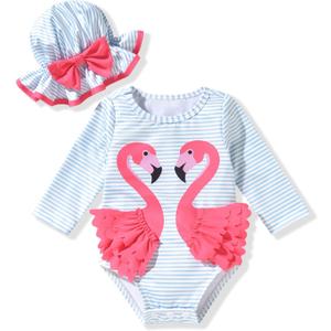 Newborn Infant Baby Girls Long Sleeve Swimsuit with Hat (3-6 Months, Flamingo)