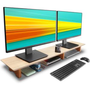 Aothia Large Dual Monitor Stand Riser, Solid Wood Desk Shelf with Eco Cork Legs for Laptop Computer/TV/PC/Printers, Perfect Desktop Stands Organizer with Underneath Storage for Office Accessories (Oak)